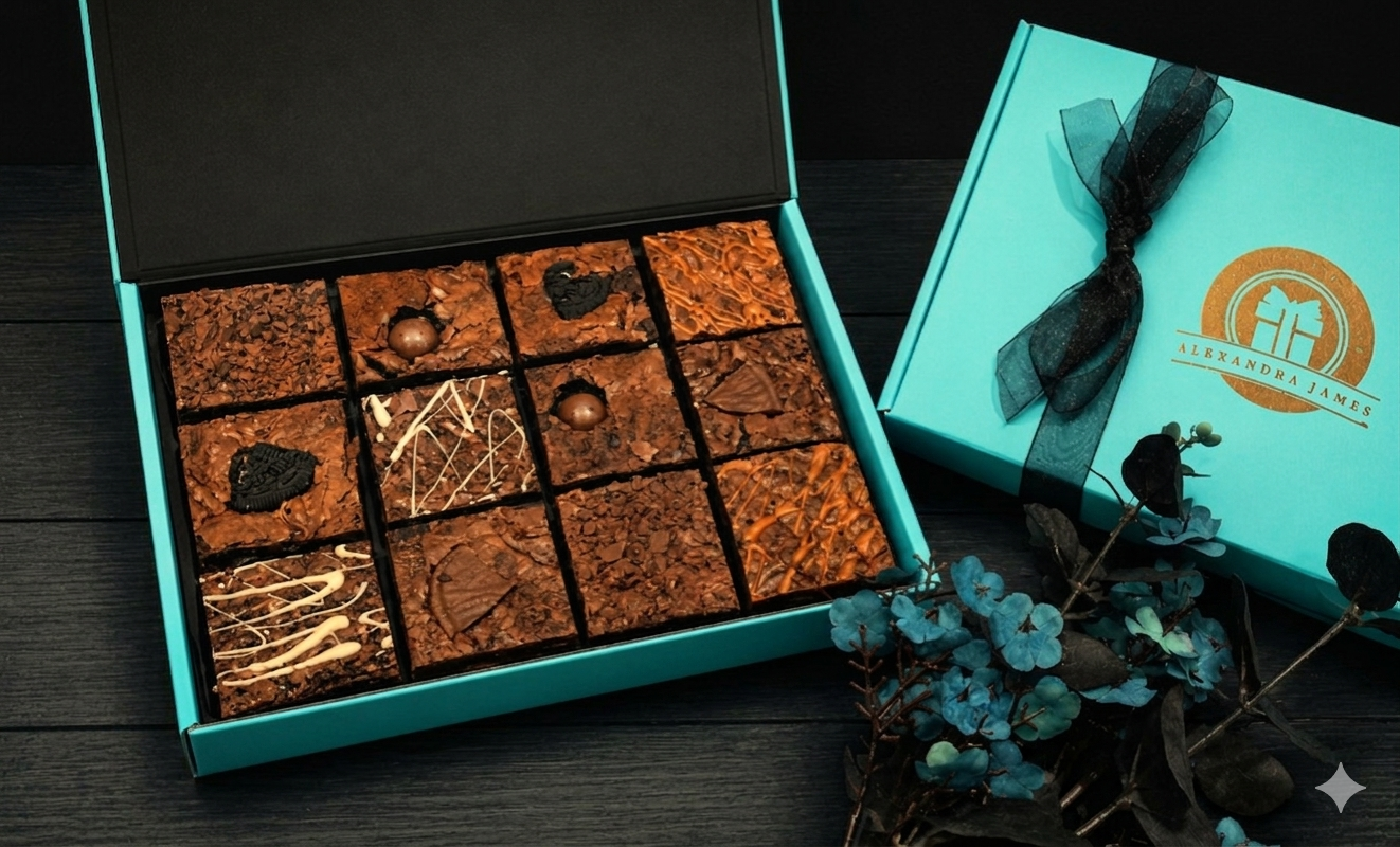 Luxury letterbox brownie gift box with mixed flavour gourmet brownies including Biscoff, Oreo, Salted Caramel and Triple Belgian Chocolate