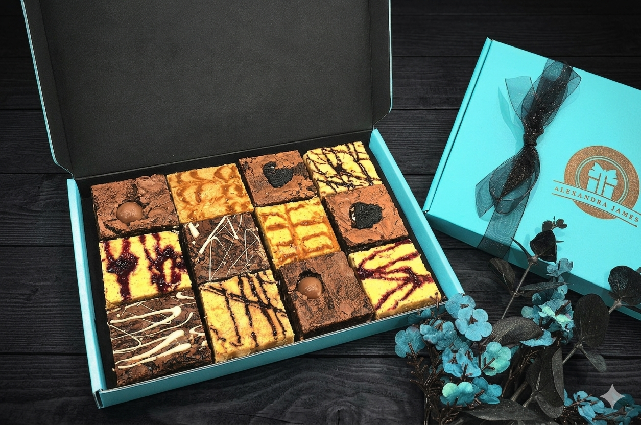 Luxury letterbox brownie gift box with mixed flavour gourmet brownies including Custard Cream, Oreo, Salted Caramel and Triple Belgian Chocolate, Jammy Dodger